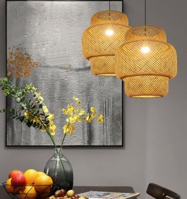 3500K Okrągłe Bamboo Weaving LED Pendant Light, Okrągłe Rattan Light