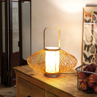 3500K Ciepła Biała Lampa Stołowa Bamboo z Ratanem