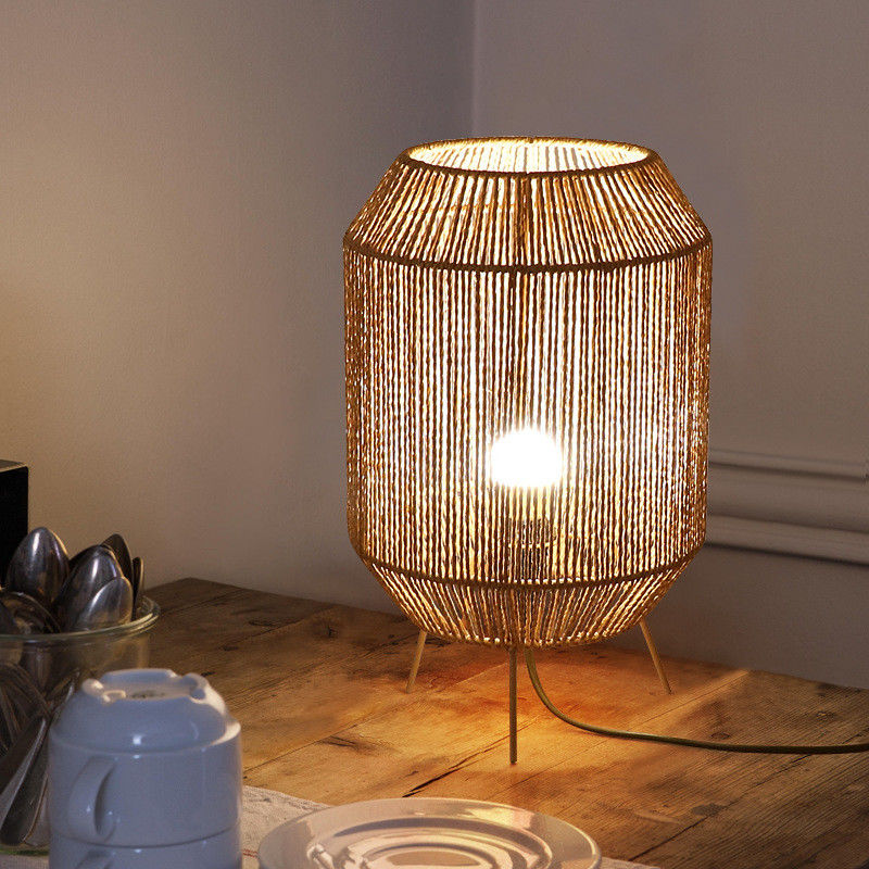 Vintage Twine Rattan Lampy Stołowe, ręcznie wykonane Wabi Sabi Lampy Stołowe